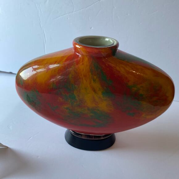 Dale Tiffany Hand Blown Art Glass Vintage Vase 7” Orange Green Yellow Decor - Picture 3 of 9
